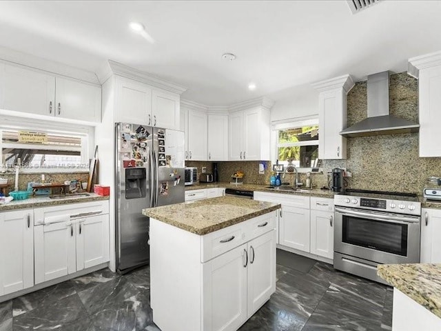 1870 NE 208th Ter, Miami, FL 33179 - kitchen featuring appliances with stainless steel finishes, wall chimney exhaust hood, backsplash, dark marble finish flooring, and recessed lighting