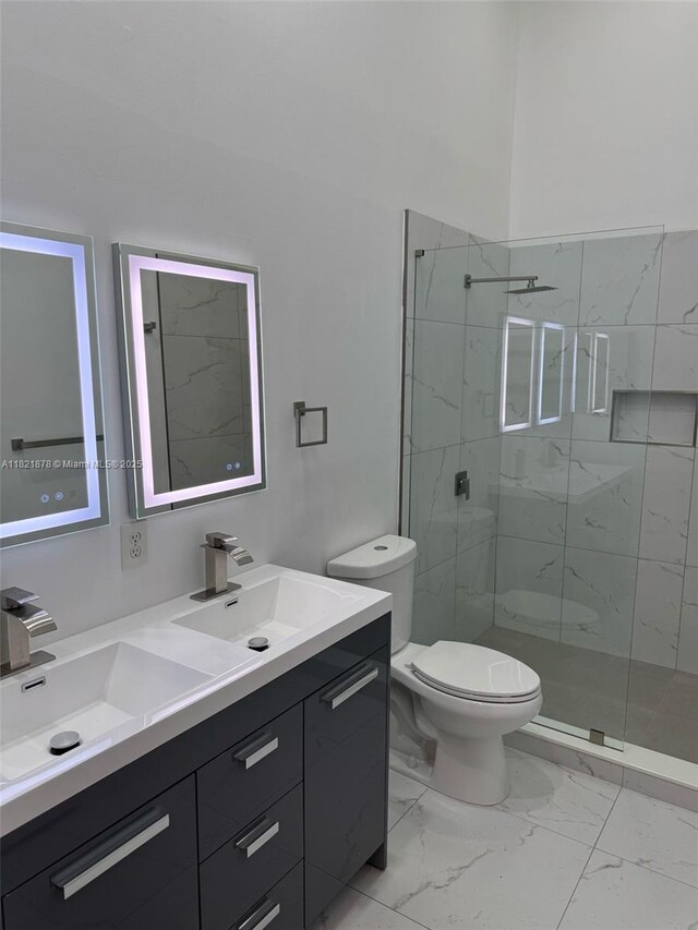 18861 SW 28th Ct, Miramar, FL 33029 - full bathroom featuring double vanity, a marble finish shower, and marble look tile flooring