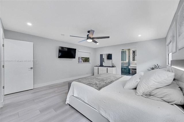 bedroom with recessed lighting, light wood-style flooring, and a ceiling fan