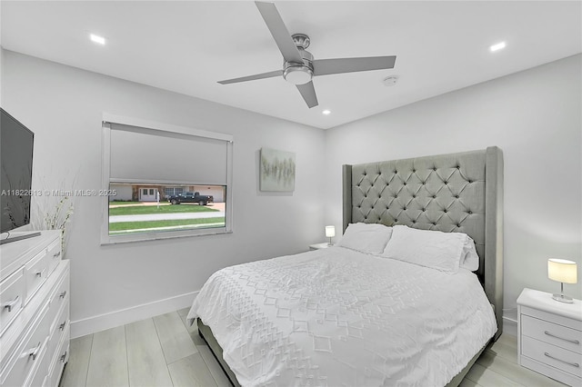 bedroom with ceiling fan, recessed lighting, and light wood-style flooring