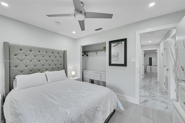 7481 NW 14th St, Plantation, FL 33313 - bedroom featuring recessed lighting, light marble finish flooring, a closet, and ceiling fan