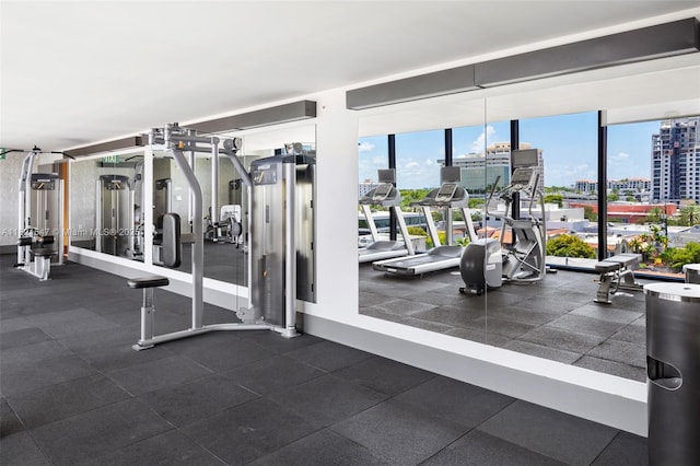275 Giralda Ave Unit 6A-B, Coral Gables, FL 33134 - gym with a view of city and floor to ceiling windows