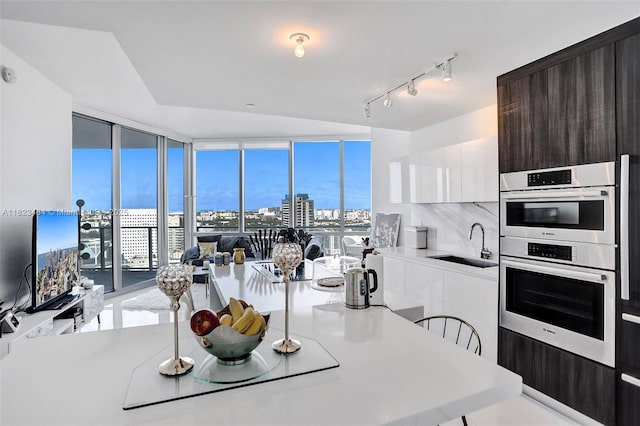 851 NE 1st Ave Unit 2204, Miami, FL 33132 - kitchen with stainless steel double oven, modern cabinets, light countertops, a view of city, and a wall of windows