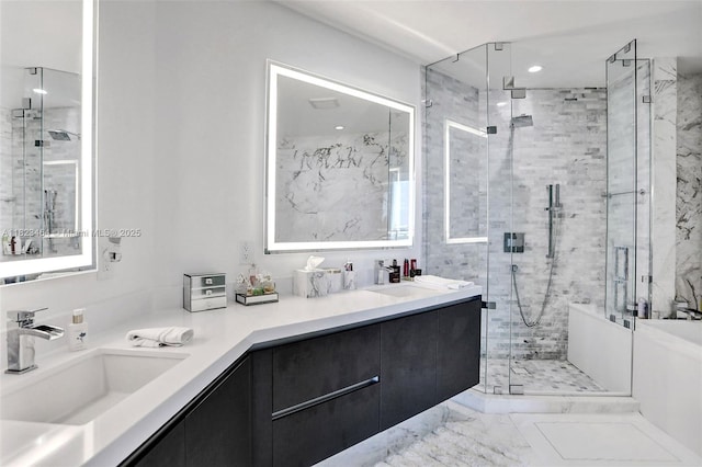 851 NE 1st Ave Unit 2204, Miami, FL 33132 - bathroom with a stall shower, double vanity, marble finish flooring, and recessed lighting