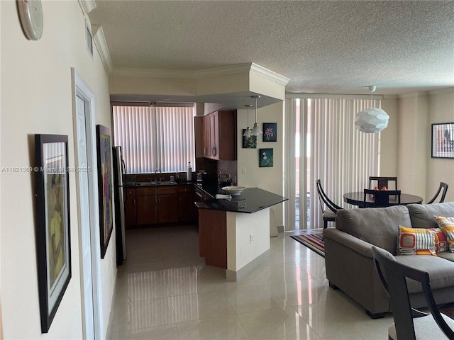 2000 N Bayshore Dr Unit 201, Miami, FL 33137 - kitchen with a peninsula, dark countertops, open floor plan, crown molding, and plenty of natural light