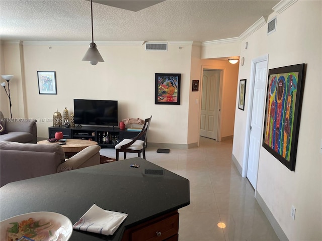 2000 N Bayshore Dr Unit 201, Miami, FL 33137 - living room with ornamental molding, a textured ceiling, and light tile patterned floors