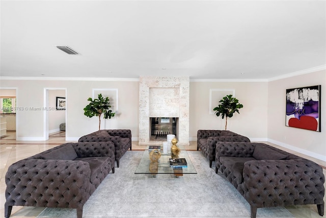 13454 SW 58th Ave, Pinecrest, FL 33156 - living room with ornamental molding and a fireplace