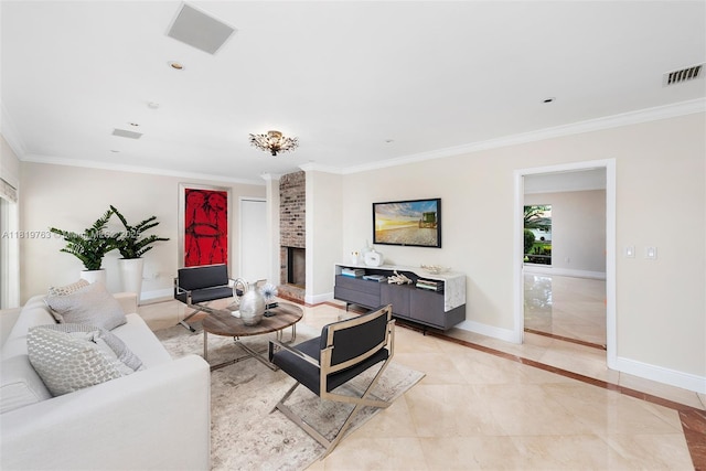 13454 SW 58th Ave, Pinecrest, FL 33156 - living area featuring ornamental molding, a brick fireplace, and light tile patterned flooring