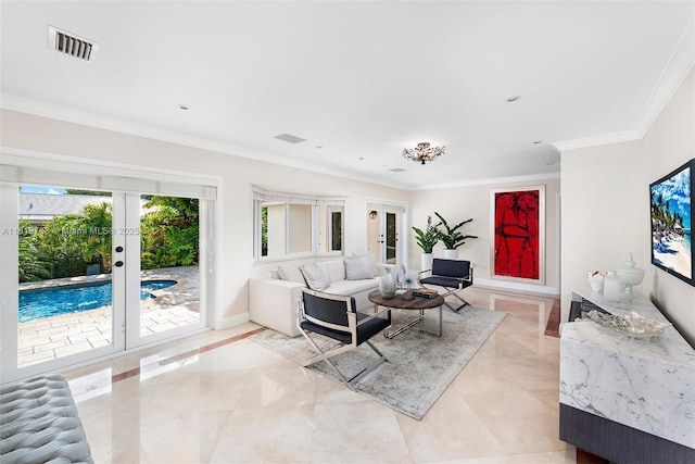 13454 SW 58th Ave, Pinecrest, FL 33156 - living room featuring french doors and crown molding