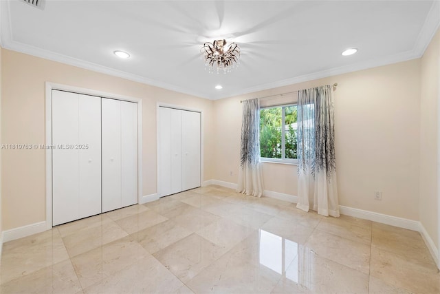 13454 SW 58th Ave, Pinecrest, FL 33156 - unfurnished bedroom with multiple closets, ornamental molding, and recessed lighting