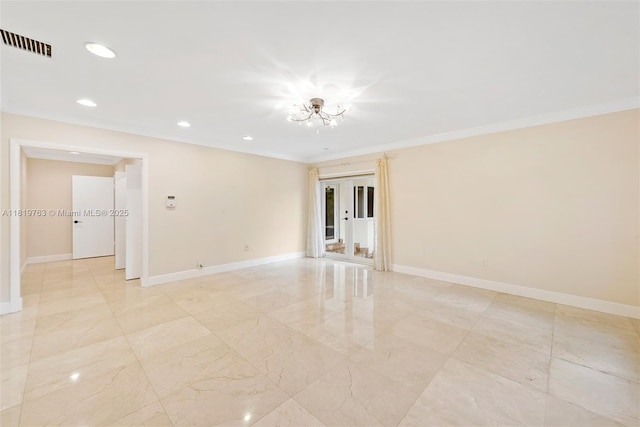 13454 SW 58th Ave, Pinecrest, FL 33156 - spare room with a chandelier, recessed lighting, crown molding, and light marble finish floors