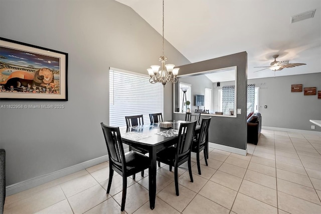 490 Talavera Rd, Weston, FL 33326 - dining room featuring a chandelier, light tile patterned floors, a ceiling fan, and high vaulted ceiling