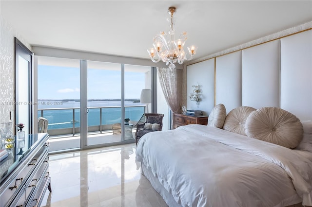 1331 Brickell Bay Dr Unit 2305, Miami, FL 33131 - bedroom featuring access to outside, a chandelier, light tile patterned flooring, and a water view
