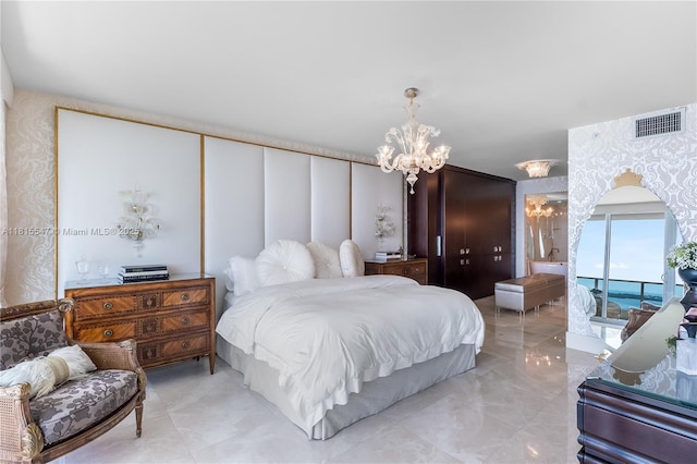 1331 Brickell Bay Dr Unit 2305, Miami, FL 33131 - bedroom with a chandelier, wallpapered walls, and light marble finish floors