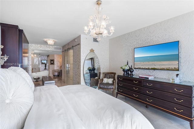 1331 Brickell Bay Dr Unit 2305, Miami, FL 33131 - bedroom with a barn door, a chandelier, and wallpapered walls