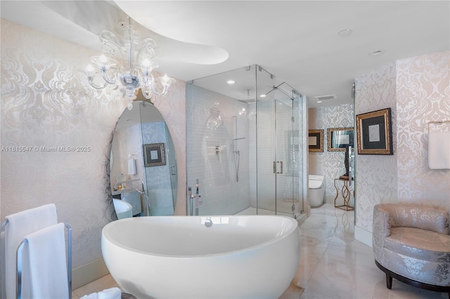 1331 Brickell Bay Dr Unit 2305, Miami, FL 33131 - full bathroom with a shower stall, a chandelier, a freestanding tub, and wallpapered walls