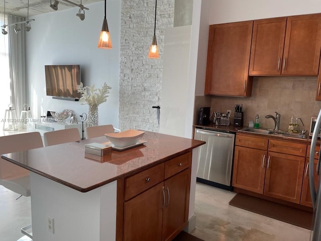 2001 Biscayne Blvd Unit 3608, Miami, FL 33137 - kitchen with dishwasher, tasteful backsplash, brown cabinets, a kitchen island, and pendant lighting