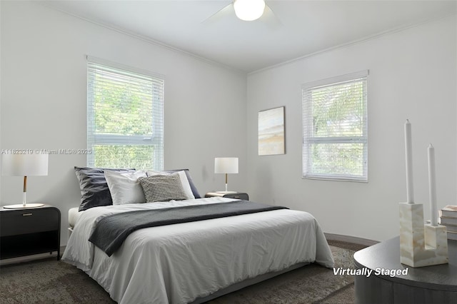 7635 SW 57th Ave Unit 2, South Miami, FL 33143 - bedroom with crown molding, ceiling fan, and carpet floors