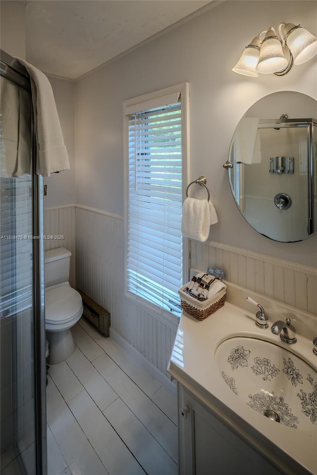 200 Summit Lodge Rd, Nc, NC 28604 - full bathroom featuring a wainscoted wall, vanity, a stall shower, crown molding, and wood walls