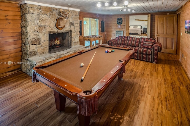 200 Summit Lodge Rd, Nc, NC 28604 - playroom featuring billiards table, wood finished floors, a stone fireplace, wood walls, and wood ceiling