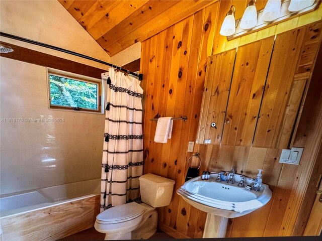 200 Summit Lodge Rd, Nc, NC 28604 - bathroom featuring lofted ceiling, shower / bath combo, and wooden walls