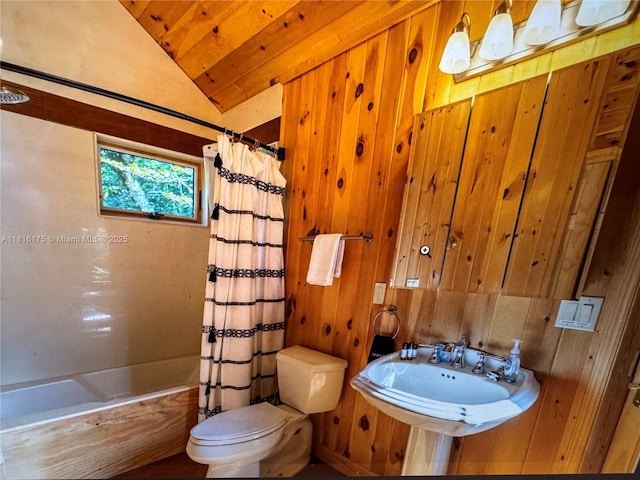 200 Summit Lodge Rd, Nc, NC 28604 - full bath featuring vaulted ceiling, shower / bath combination with curtain, and wood walls