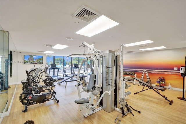 20225 NE 34th Ct Unit 1014, Aventura, FL 33180 - exercise room featuring a skylight, wood finished floors, and expansive windows