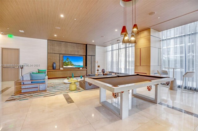 45 SW 9th St Unit 3403, Miami, FL 33130 - recreation room with wood ceiling, tile patterned flooring, billiards, and recessed lighting
