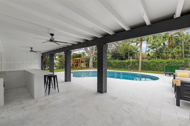 10361 SW 119th St, Miami, FL 33176 - view of pool with a playground, a patio area, and a ceiling fan