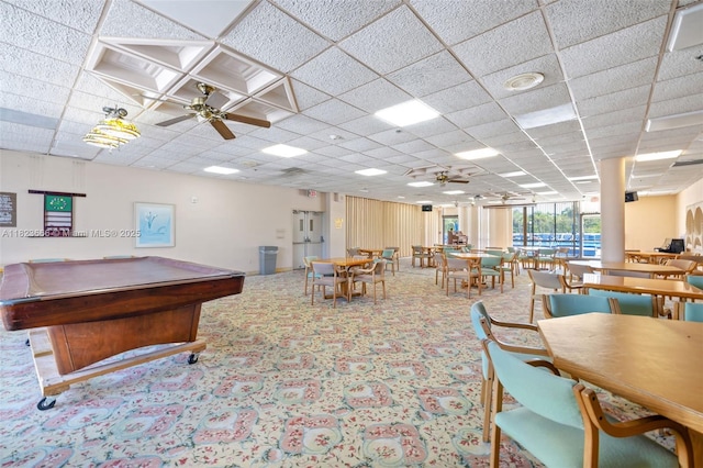 3731 N Country Club Dr Unit 2023, Aventura, FL 33180 - game room featuring billiards table, carpet, ceiling fan, and a paneled ceiling