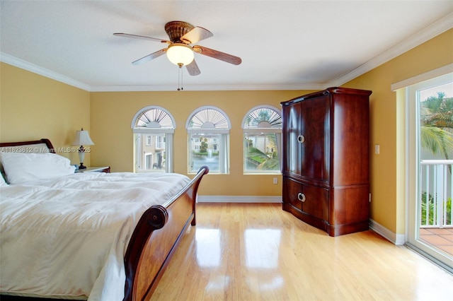 21025 NE 31st Ave, Aventura, FL 33180 - bedroom with light wood-style floors, access to outside, crown molding, and ceiling fan