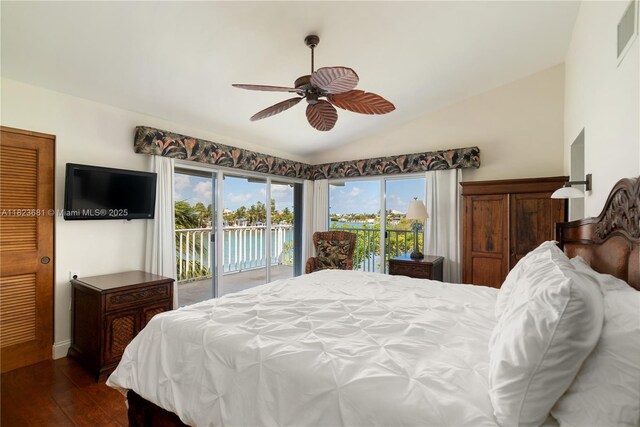 95 Coco Plum Dr Unit 1A, Marathon, FL 33050 - bedroom with access to outside, vaulted ceiling, dark wood-style flooring, and ceiling fan