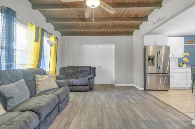 117 Ronald Rd, West Park, FL 33023 - living room featuring a wooden ceiling with exposed beams, ceiling fan, and light wood finished floors