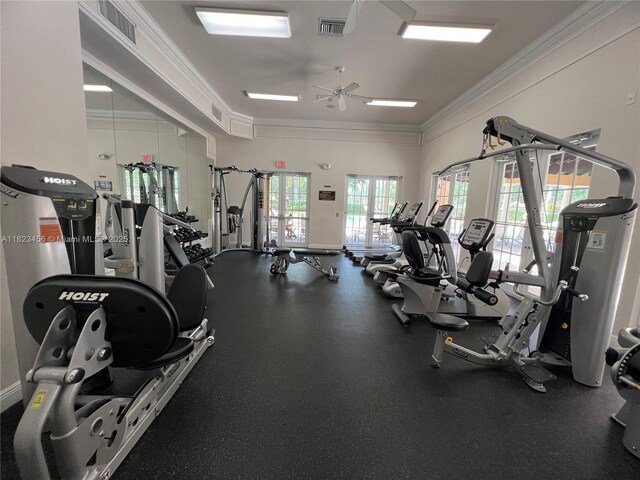 14745 SW 9th St Unit 3109, Pembroke Pines, FL 33027 - exercise room featuring crown molding and ceiling fan