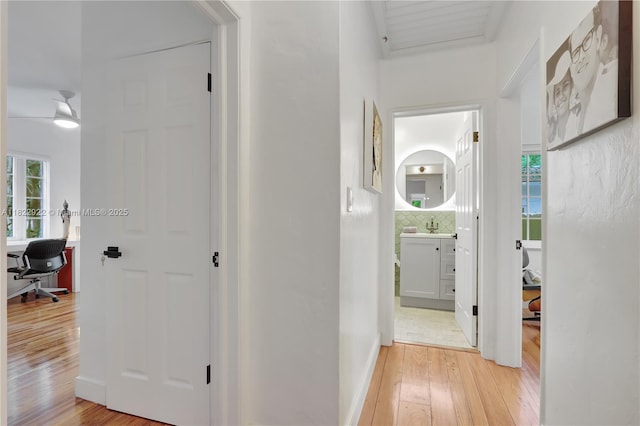 842 NW 9th Ct, Miami, FL 33136 - corridor with light wood-style flooring, a desk, and plenty of natural light