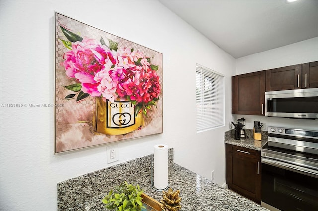 1250 NE 110th St, Miami, FL 33161 - kitchen with stainless steel appliances, dark brown cabinetry, and light stone countertops