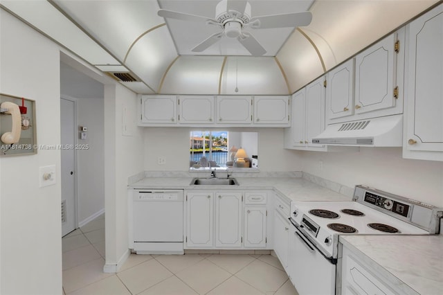 777 S Federal Hwy Unit 201G, Pompano Beach, FL 33062 - kitchen featuring white appliances, extractor fan, light tile patterned flooring, a ceiling fan, and light countertops