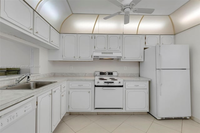 777 S Federal Hwy Unit 201G, Pompano Beach, FL 33062 - kitchen featuring white appliances, range hood, a ceiling fan, white cabinetry, and light tile patterned floors