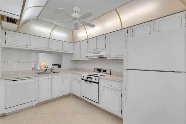 777 S Federal Hwy Unit 201G, Pompano Beach, FL 33062 - kitchen featuring white appliances, under cabinet range hood, a ceiling fan, light countertops, and light tile patterned floors