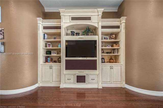 3859 Enchanted Oaks Ln, Sebring, FL 33875 - unfurnished living room with dark wood finished floors, crown molding, a textured wall, and built in shelves