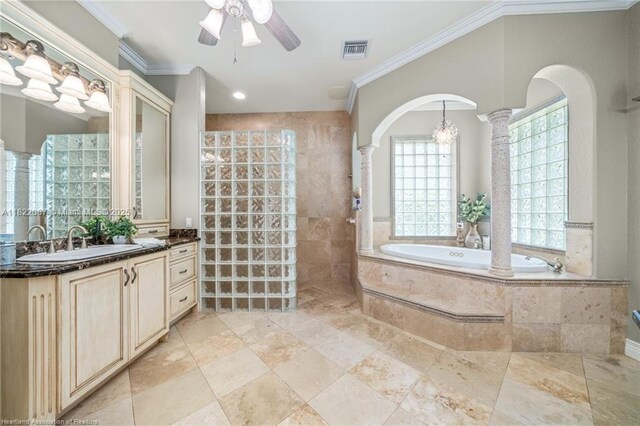 3859 Enchanted Oaks Ln, Sebring, FL 33875 - full bathroom featuring vanity, a bath, ceiling fan, a walk in shower, and ornamental molding