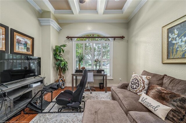 3859 Enchanted Oaks Ln, Sebring, FL 33875 - office area with crown molding, wood finished floors, beamed ceiling, and coffered ceiling