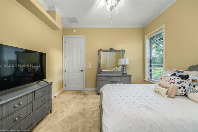3859 Enchanted Oaks Ln, Sebring, FL 33875 - bedroom featuring crown molding, light colored carpet, and ceiling fan