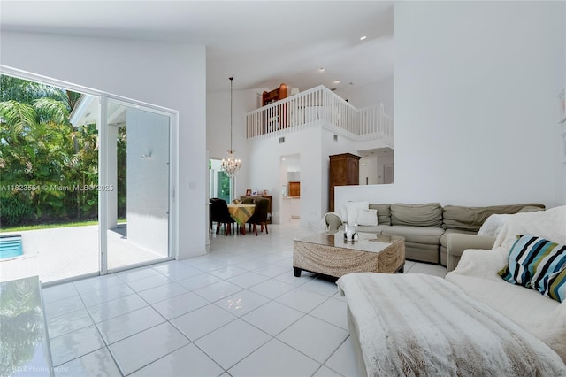 6670 SW 69th Ln, South Miami, FL 33143 - living area featuring a chandelier, high vaulted ceiling, and light tile patterned flooring
