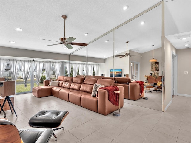 3920 NW 20th St, Coconut Creek, FL 33066 - living area featuring a ceiling fan, recessed lighting, a textured ceiling, and light tile patterned floors
