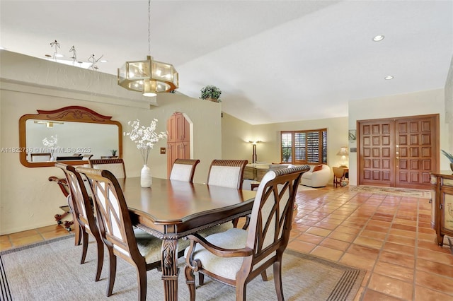 1180 NW 100th Way, Plantation, FL 33322 - dining room featuring a chandelier, light tile patterned floors, vaulted ceiling, and recessed lighting