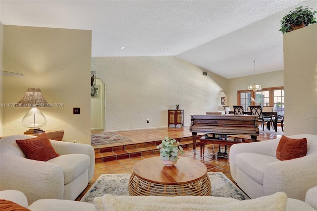 1180 NW 100th Way, Plantation, FL 33322 - living room with a chandelier, lofted ceiling, tile patterned flooring, and a textured wall