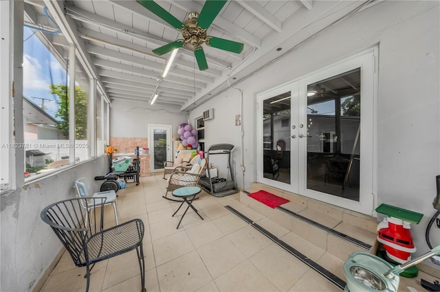 359 E 19th St, Hialeah, FL 33010 - sunroom with french doors, a ceiling fan, and beam ceiling
