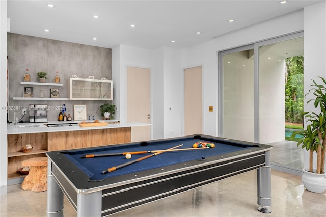 10620 SW 74th Ave, Pinecrest, FL 33156 - rec room featuring finished concrete floors, pool table, recessed lighting, and bar