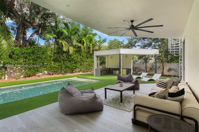 10620 SW 74th Ave, Pinecrest, FL 33156 - view of patio / terrace featuring an outdoor hangout area, ceiling fan, and an outdoor pool